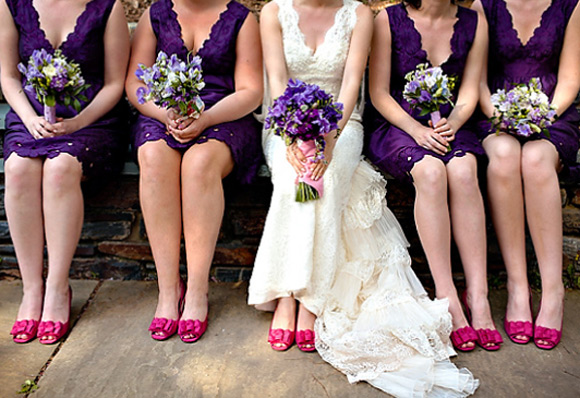 All the same color and all the same style! This is the ultimate in matchy-matchy bridesmaids shoes and the group shot is clean and stylish! Love the fun color of the shoes and how they pop against the purpose bridesmaids' dresses. This is a winner!